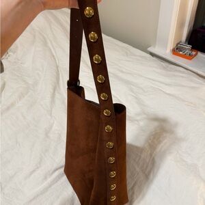 Madewell Brown Suede Shoulder Bag with Gold Stud Accents